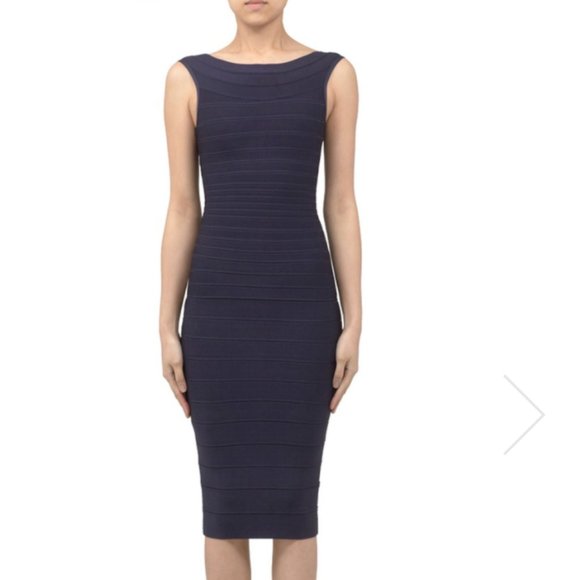 HERVE LEGER ARDELL BOAT-NECK BANDAGE DRESS in NAVY - Picture 1 of 8